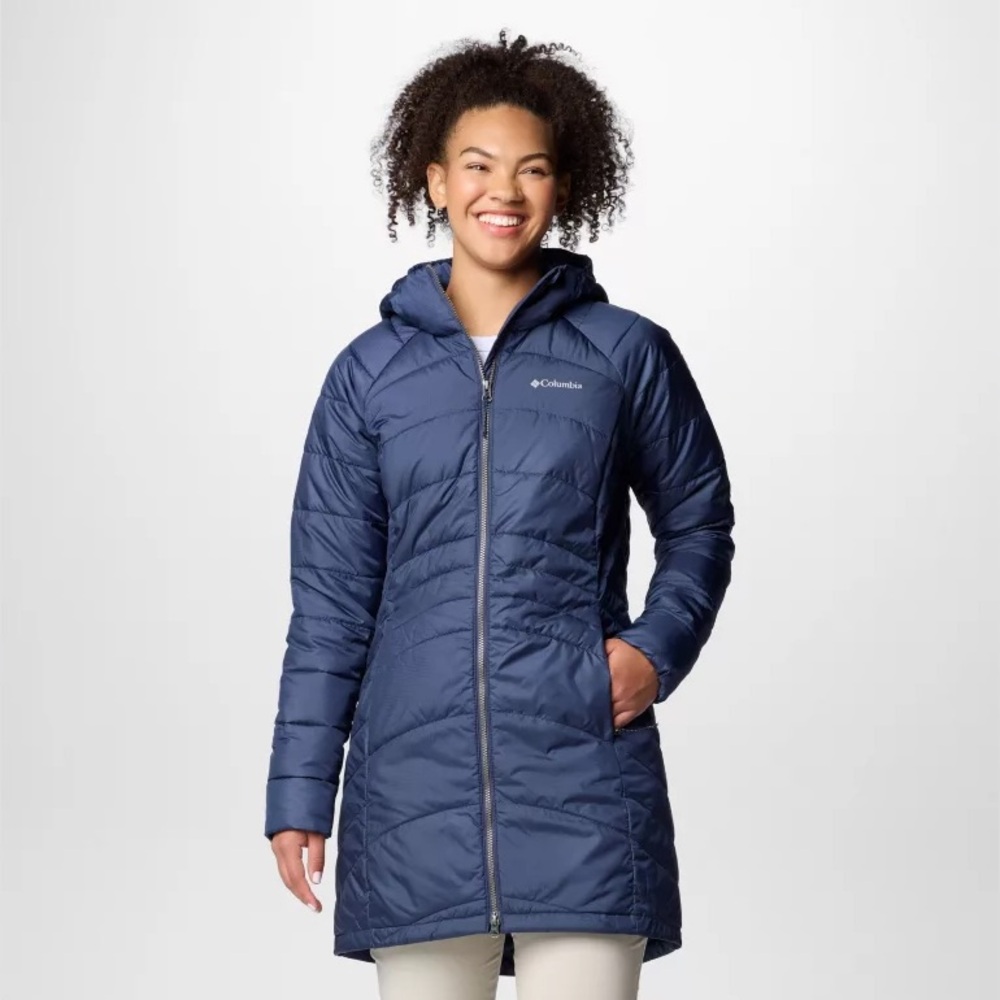 columbia karis gale II navy long light spring puffer jacket